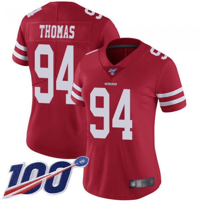 Nike 49ers #94 Solomon Thomas Red Team Color Women's Stitched NFL 100th Season Vapor Limited Jersey