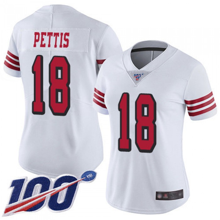 Nike 49ers #18 Dante Pettis White Rush Women's Stitched NFL Limited 100th Season Jersey