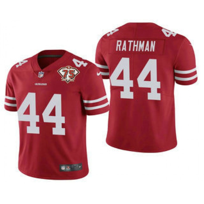 Men's San Francisco 49ers #44 Tom Rathman Red 75th Anniversary Patch 2021 Vapor Untouchable Stitched Nike Limited Jersey