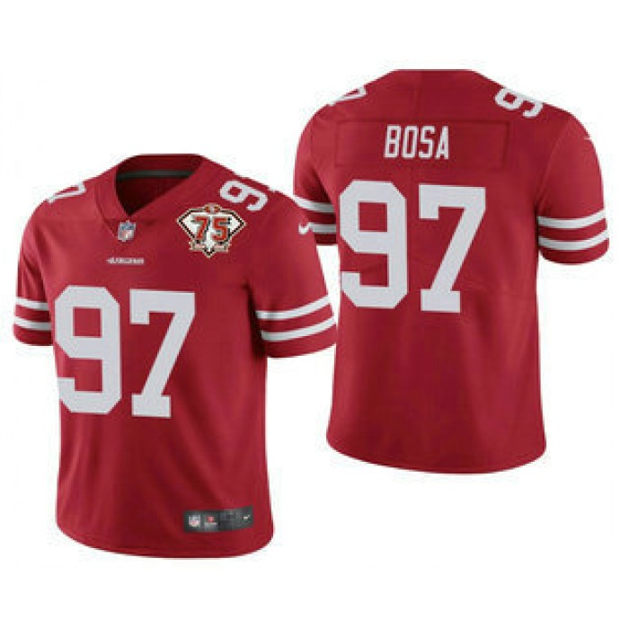 Men's San Francisco 49ers #97 Nick Bosa Red 75th Anniversary Patch 2021 Vapor Untouchable Stitched Nike Limited Jersey