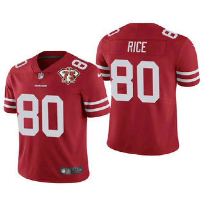Men's San Francisco 49ers #80 Jerry Rice Red 75th Anniversary Patch 2021 Vapor Untouchable Stitched Nike Limited Jersey