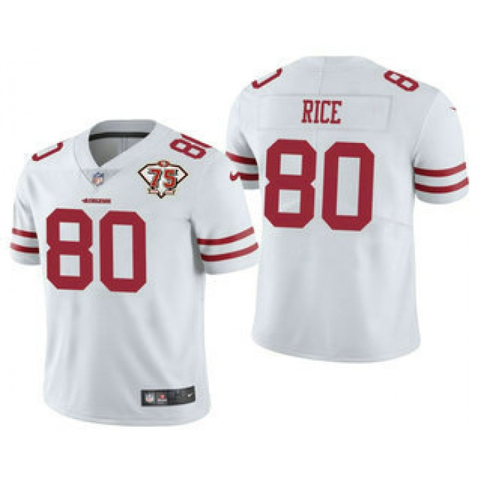 Men's San Francisco 49ers #80 Jerry Rice White 75th Anniversary Patch 2021 Vapor Untouchable Stitched Nike Limited Jersey