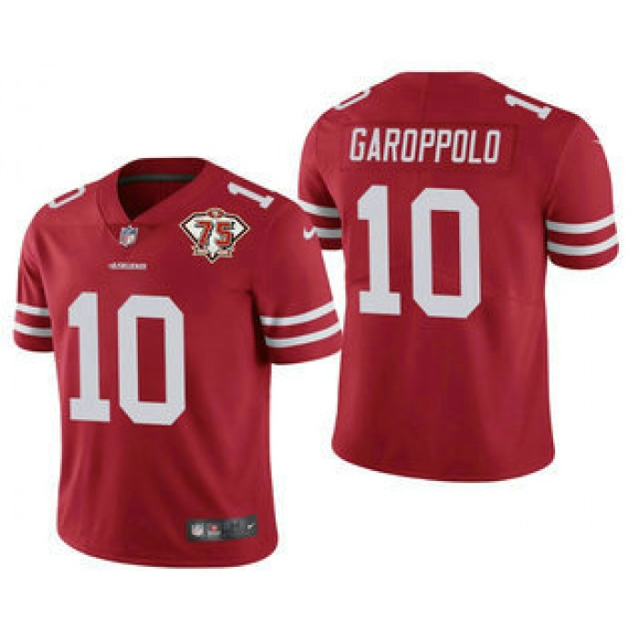 Men's San Francisco 49ers #10 Jimmy Garoppolo Red 75th Anniversary Patch 2021 Vapor Untouchable Stitched Nike Limited Jersey