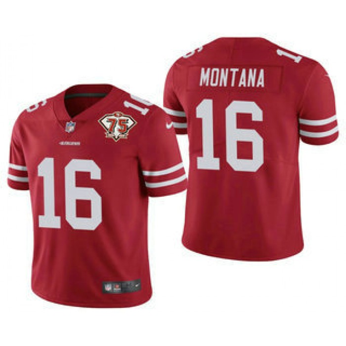 Men's San Francisco 49ers #16 Joe Montana Red 75th Anniversary Patch 2021 Vapor Untouchable Stitched Nike Limited Jersey