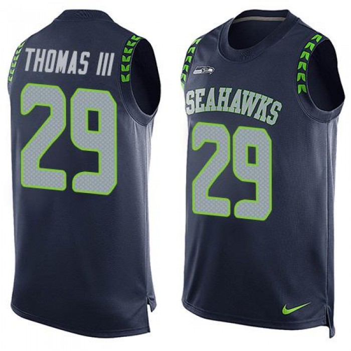Men's Seattle Seahawks #29 Earl Thomas III Navy Blue Hot Pressing Player Name & Number Nike NFL Tank Top Jersey