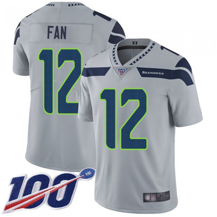 Seahawks #12 Fan Grey Alternate Men's Stitched Football 100th Season Vapor Limited Jersey