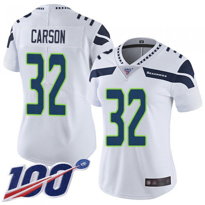Seahawks #32 Chris Carson White Women's Stitched Football 100th Season Vapor Limited Jersey