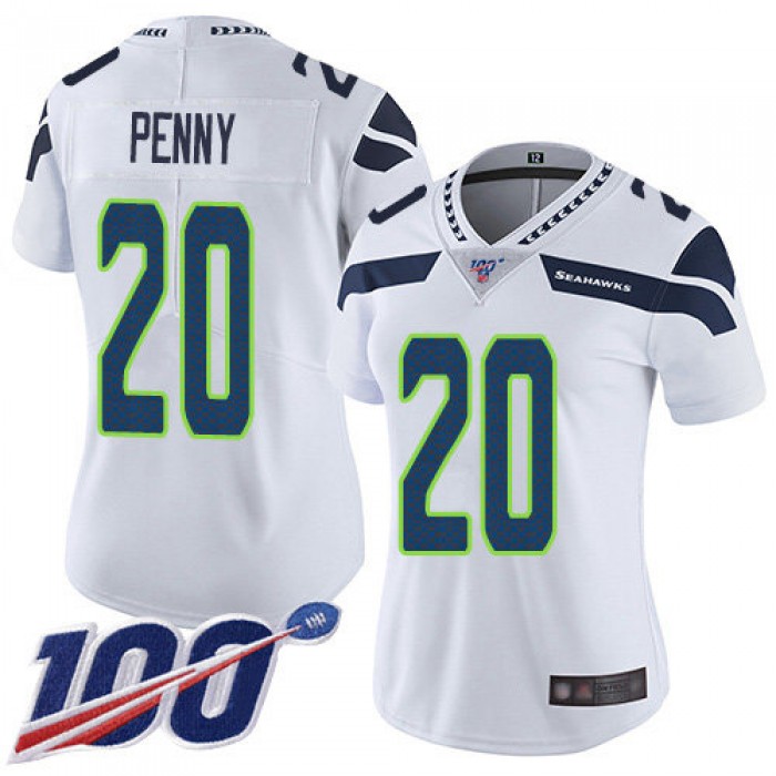 Seahawks #20 Rashaad Penny White Women's Stitched Football 100th Season Vapor Limited Jersey