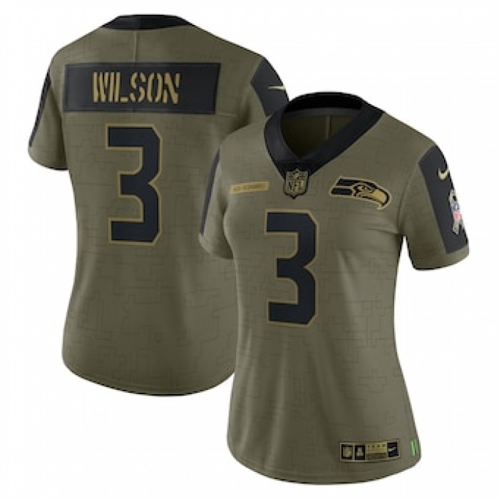 Women's Seattle Seahawks #3 Russell Wilson Nike Olive 2021 Salute To Service Limited Player Jersey