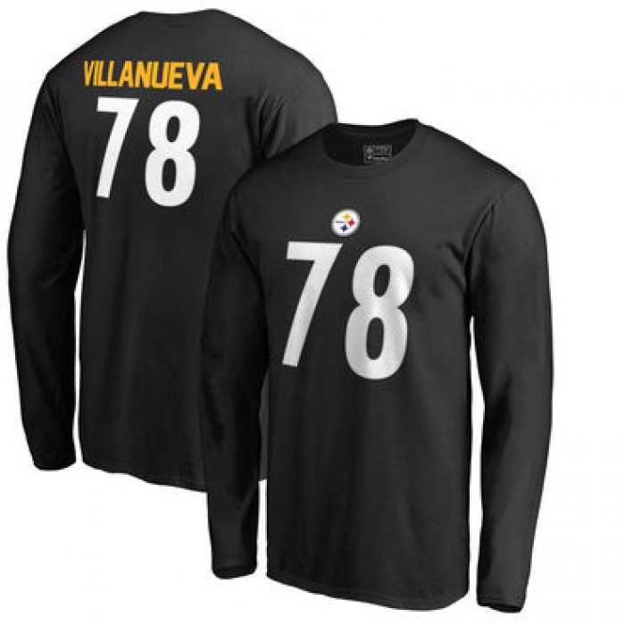 Men's Pittsburgh Steelers 78 Alejandro Villanueva NFL Pro Line by Fanatics Branded Black Authentic Stack Name Number Long Sleeve T Shirt