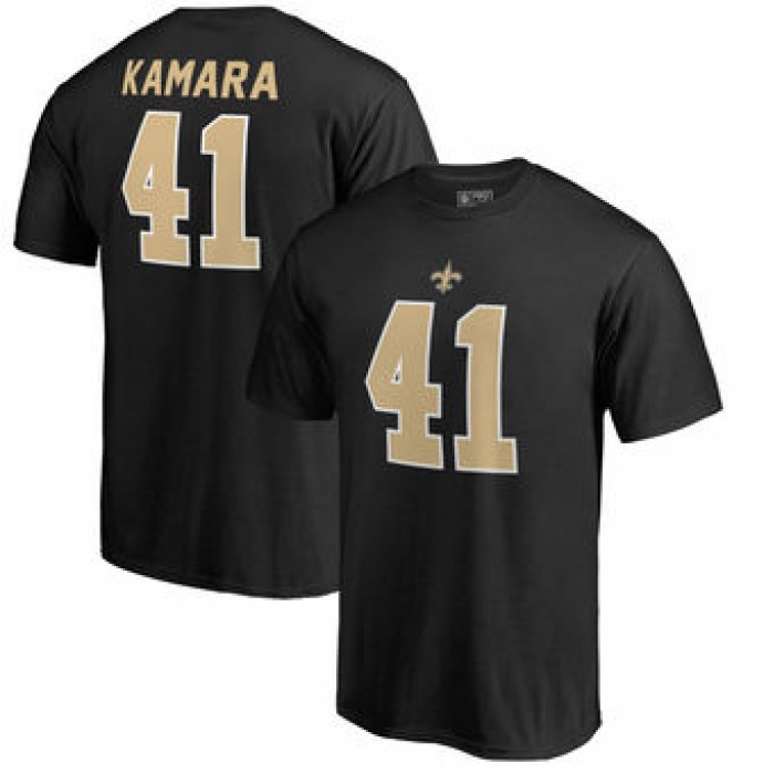 Men's New Orleans Saints 41 Alvin Kamara NFL Pro Line by Fanatics Branded Black Authentic Stack Name & Number T-Shirt