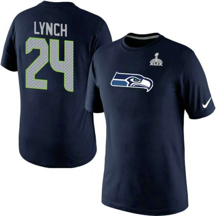 Nike Seattle Seahawks #24 Marshawn Lynch Blue Superbowl Player Pride Name & Number T-Shirt