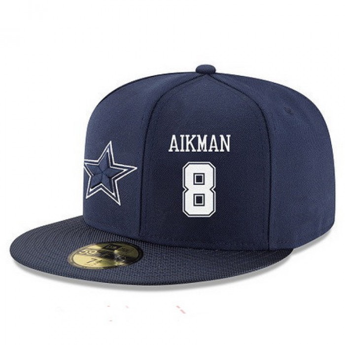 Dallas Cowboys #8 Troy Aikman Snapback Cap NFL Player Navy Blue with White Number Stitched Hat