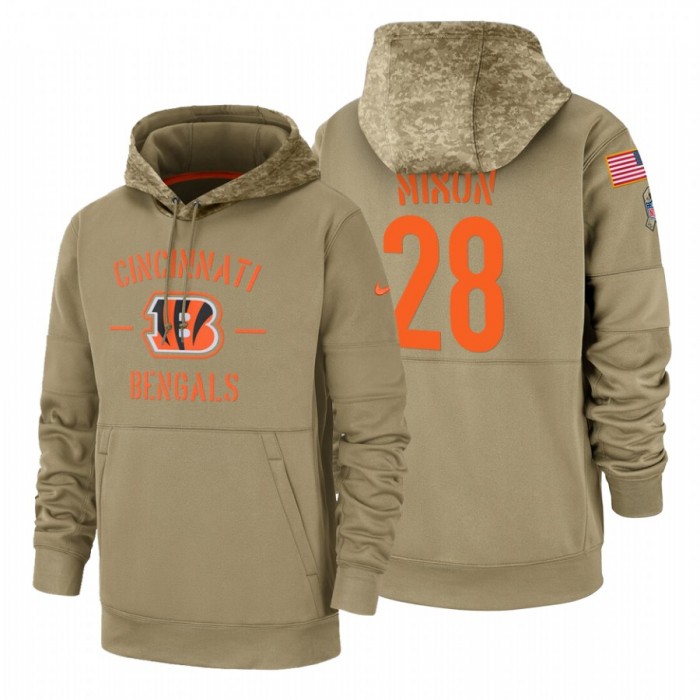 Cincinnati Bengals #28 Joe Mixon Nike Tan 2019 Salute To Service Name & Number Sideline Therma Pullover Hoodie