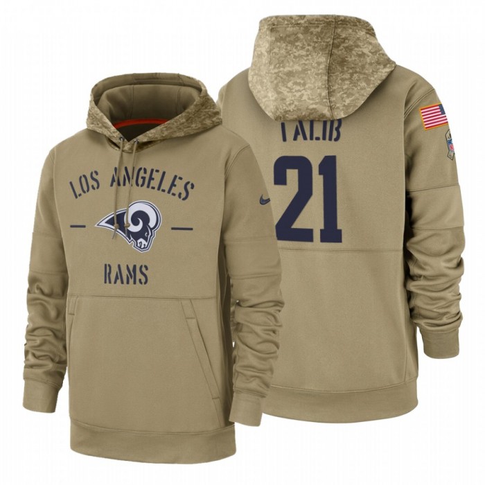 Los Angeles Rams #21 Aqib Talib Nike Tan 2019 Salute To Service Name & Number Sideline Therma Pullover Hoodie