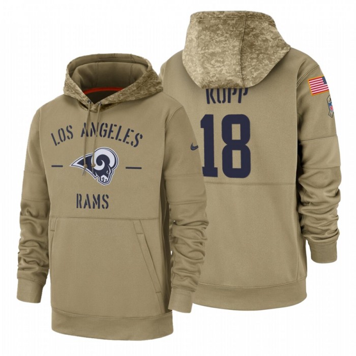 Los Angeles Rams #18 Cooper Kupp Nike Tan 2019 Salute To Service Name & Number Sideline Therma Pullover Hoodie