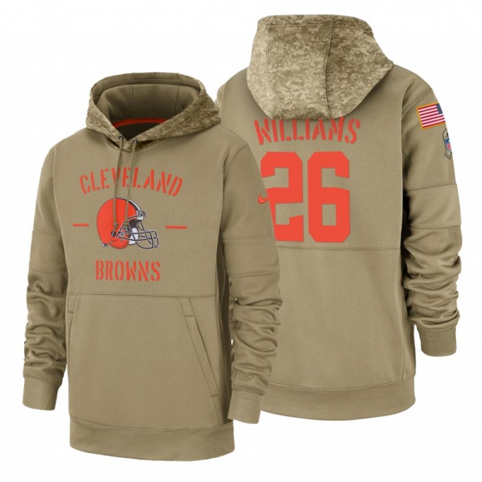 Cleveland Browns #26 Greedy Williams Nike Tan 2019 Salute To Service Name & Number Sideline Therma Pullover Hoodie