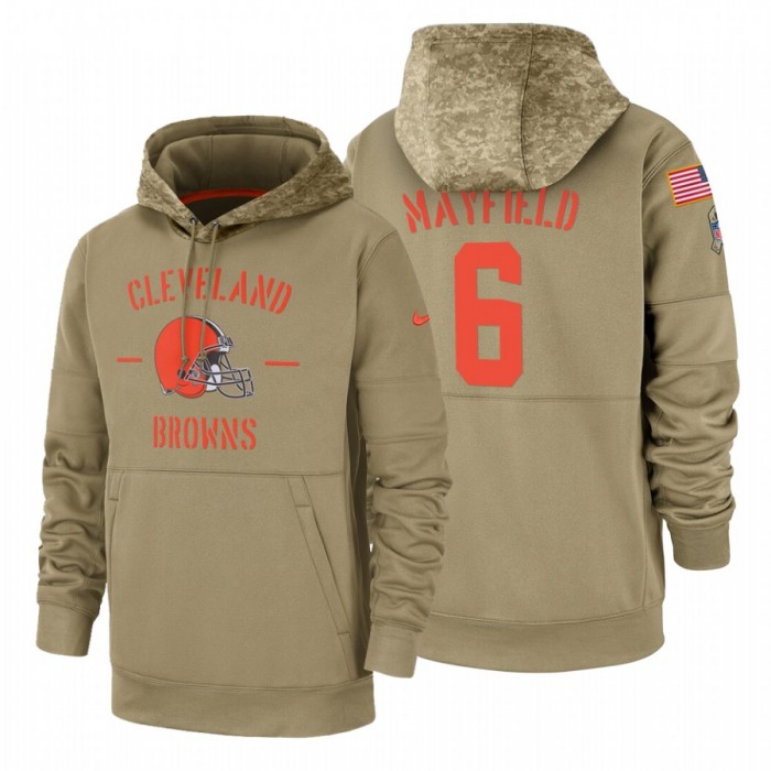 Cleveland Browns #6 Baker Mayfield Nike Tan 2019 Salute To Service Name & Number Sideline Therma Pullover Hoodie