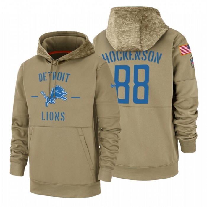 Detroit Lions #88 T.J. Hockenson Nike Tan 2019 Salute To Service Name & Number Sideline Therma Pullover Hoodie