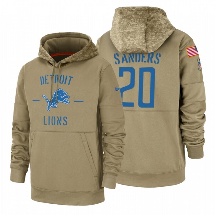 Detroit Lions #20 Barry Sanders Nike Tan 2019 Salute To Service Name & Number Sideline Therma Pullover Hoodie