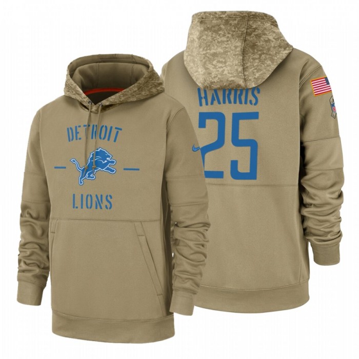 Detroit Lions #25 Will Harris Nike Tan 2019 Salute To Service Name & Number Sideline Therma Pullover Hoodie