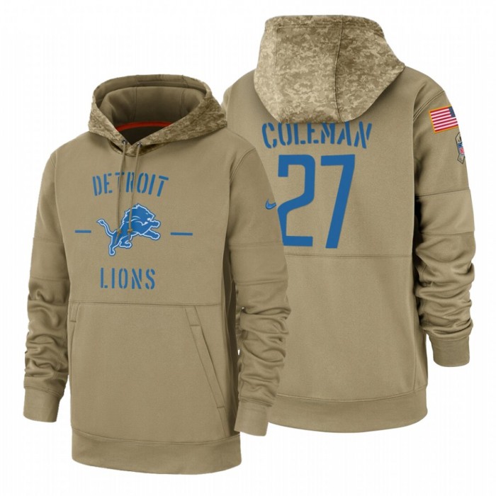 Detroit Lions #27 Justin Coleman Nike Tan 2019 Salute To Service Name & Number Sideline Therma Pullover Hoodie