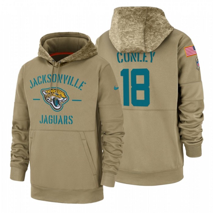 Jacksonville Jaguars #18 Chris Conley Nike Tan 2019 Salute To Service Name & Number Sideline Therma Pullover Hoodie