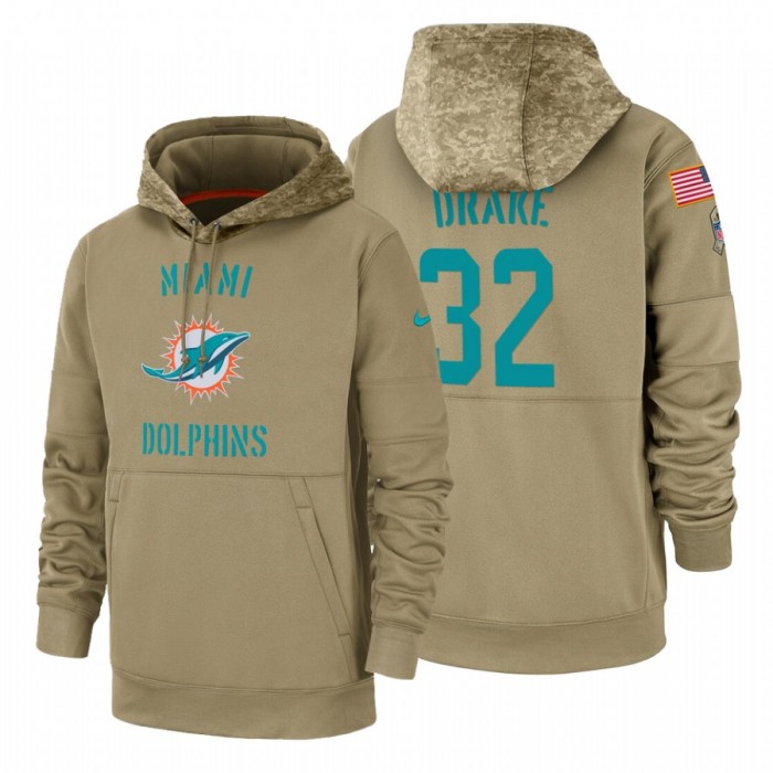 Miami Dolphin #32 Kenyan Drake Nike Tan 2019 Salute To Service Name & Number Sideline Therma Pullover Hoodie