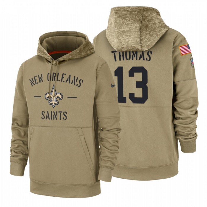 New Orleans Saints #13 Michael Thomas Nike Tan 2019 Salute To Service Name & Number Sideline Therma Pullover Hoodie
