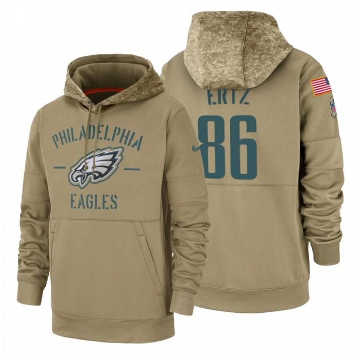 Philadelphia Eagles #86 Zach Ertz Nike Tan 2019 Salute To Service Name & Number Sideline Therma Pullover Hoodie