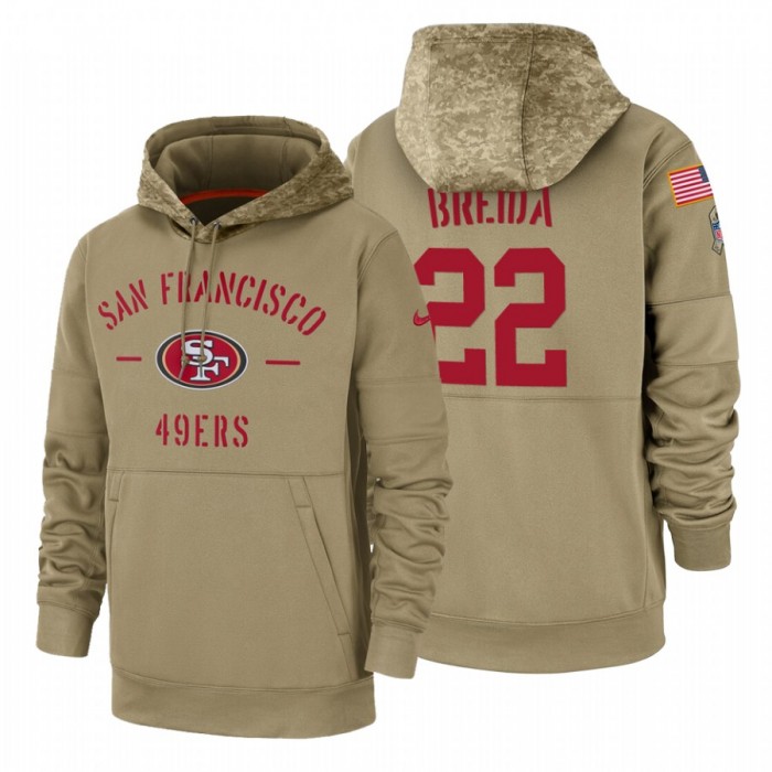 San Francisco 49ers #22 Matt Breida Nike Tan 2019 Salute To Service Name & Number Sideline Therma Pullover Hoodie