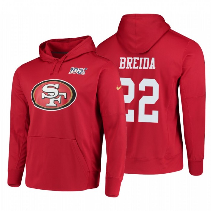 San Francisco 49ers #22 Matt Breida Nike NFL 100 Primary Logo Circuit Name & Number Pullover Hoodie Scarlet