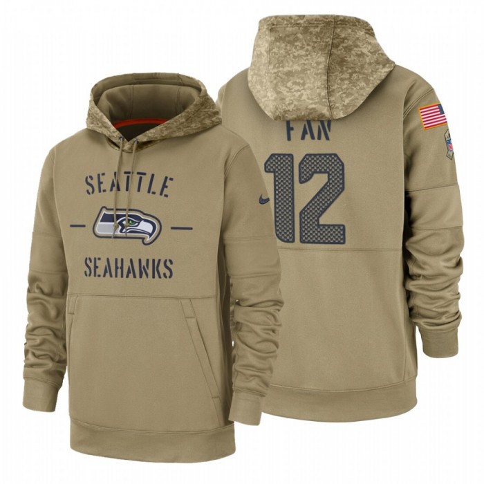Seattle Seahawks #12 Fan Nike Tan 2019 Salute To Service Name & Number Sideline Therma Pullover Hoodie