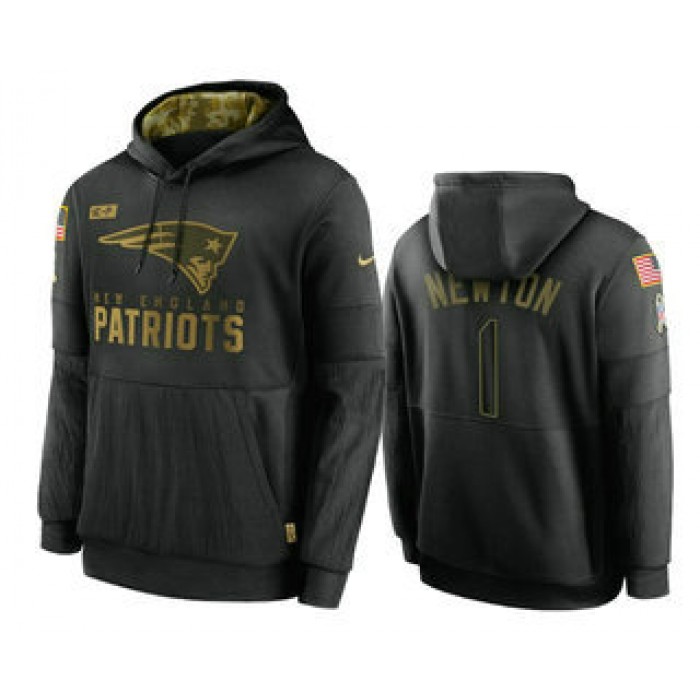 Men's New England Patriots #1 Cam Newton Black 2020 Salute To Service Sideline Performance Pullover Hoodie