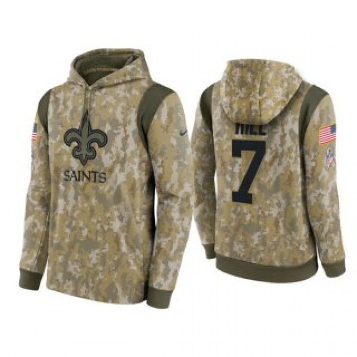 Men's New Orleans Saints #7 Taysom Hill Camo 2021 Salute To Service Therma Performance Pullover Hoodie