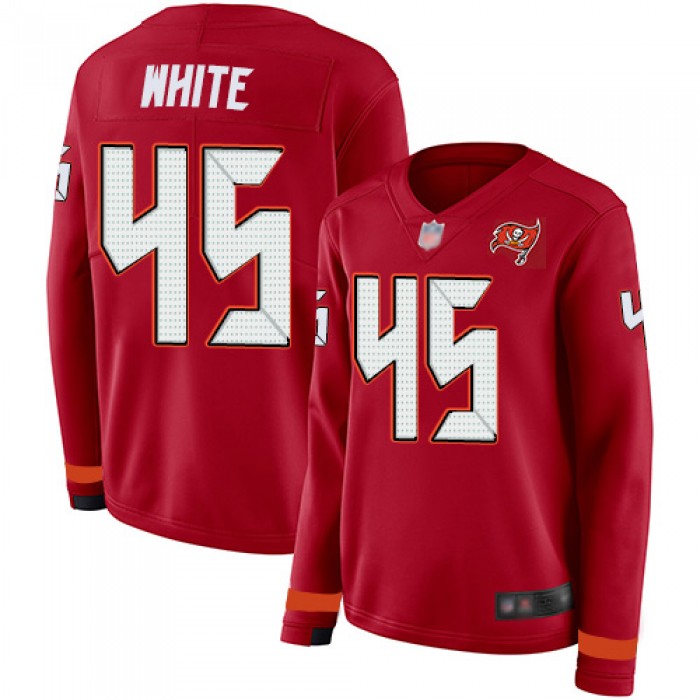 Buccaneers #45 Devin White Red Team Color Women's Stitched Football Limited Therma Long Sleeve Jersey