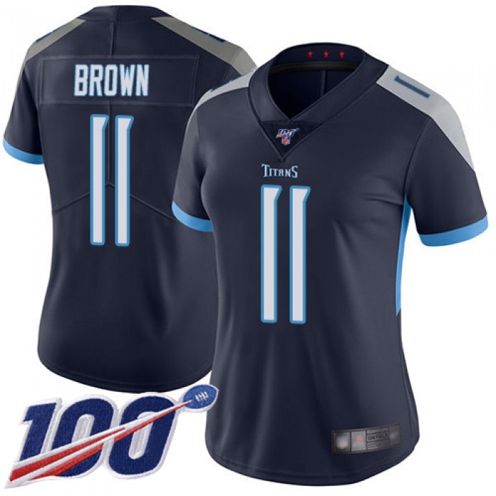 Titans #11 A.J. Brown Navy Blue Team Color Women's Stitched Football 100th Season Vapor Limited Jersey