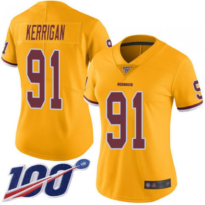 Redskins #91 Ryan Kerrigan Gold Women's Stitched Football Limited Rush 100th Season Jersey