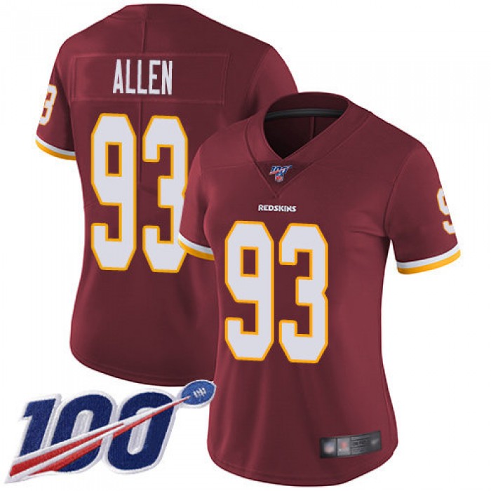 Redskins #93 Jonathan Allen Burgundy Red Team Color Women's Stitched Football 100th Season Vapor Limited Jersey